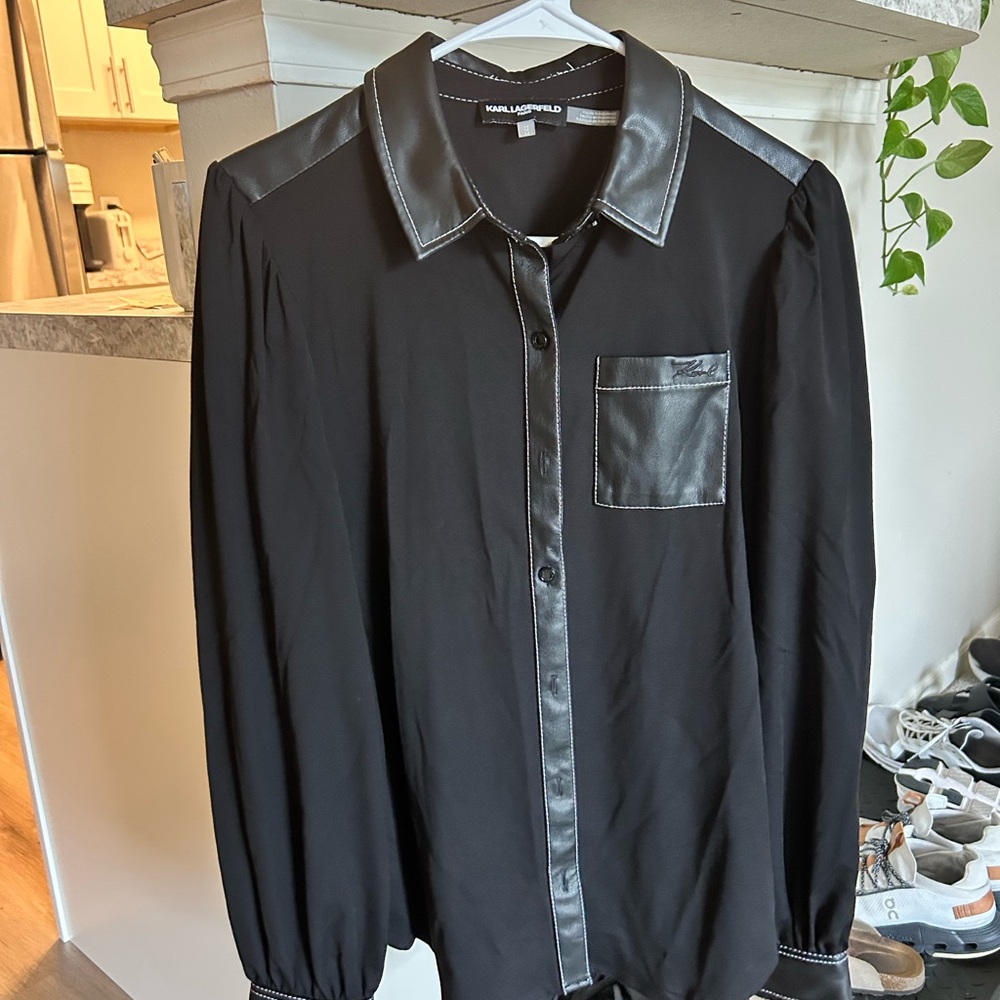 Karl Lagerfeld Black Leather/Silk Top